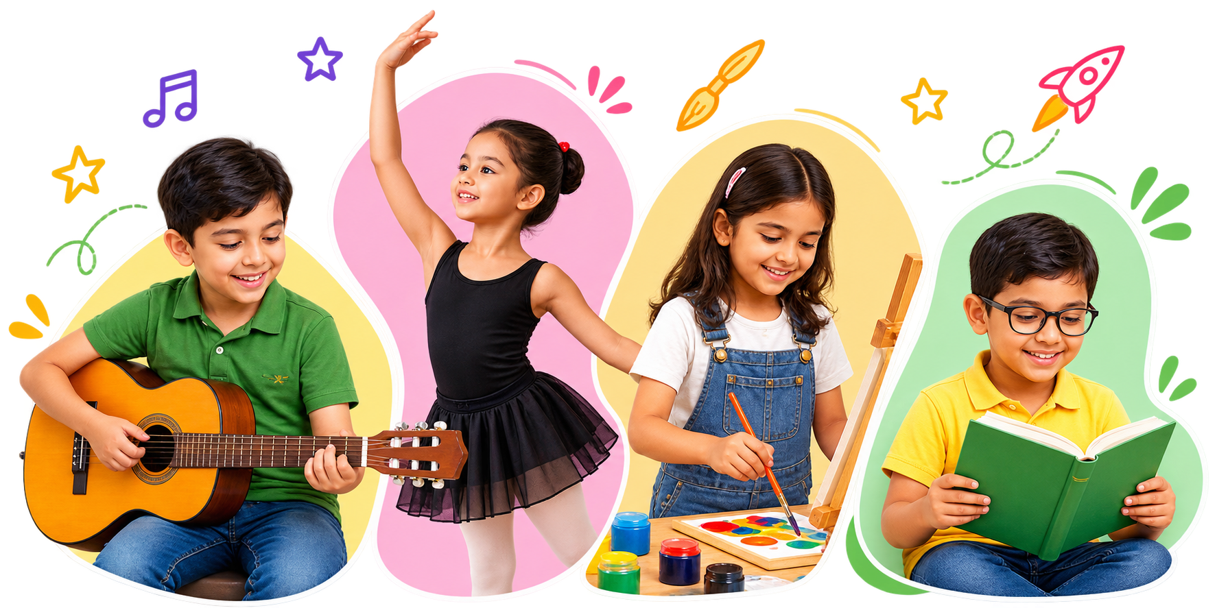Children playing guitar, dancing, painting and reading